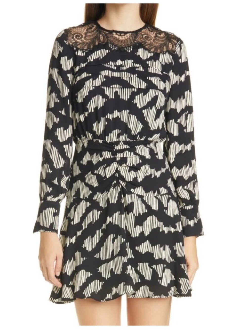 NWOT Reiss Myia Print Lace Insert Mini Shift Black/White Dress. Size 6